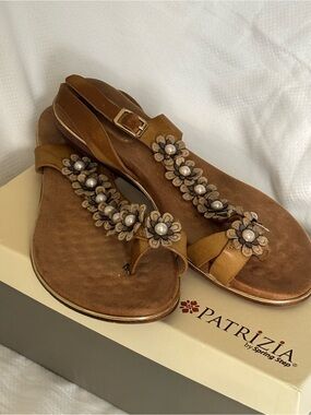 Patrizia Tan Floral Pearl T-Strap Sandals with Buckle